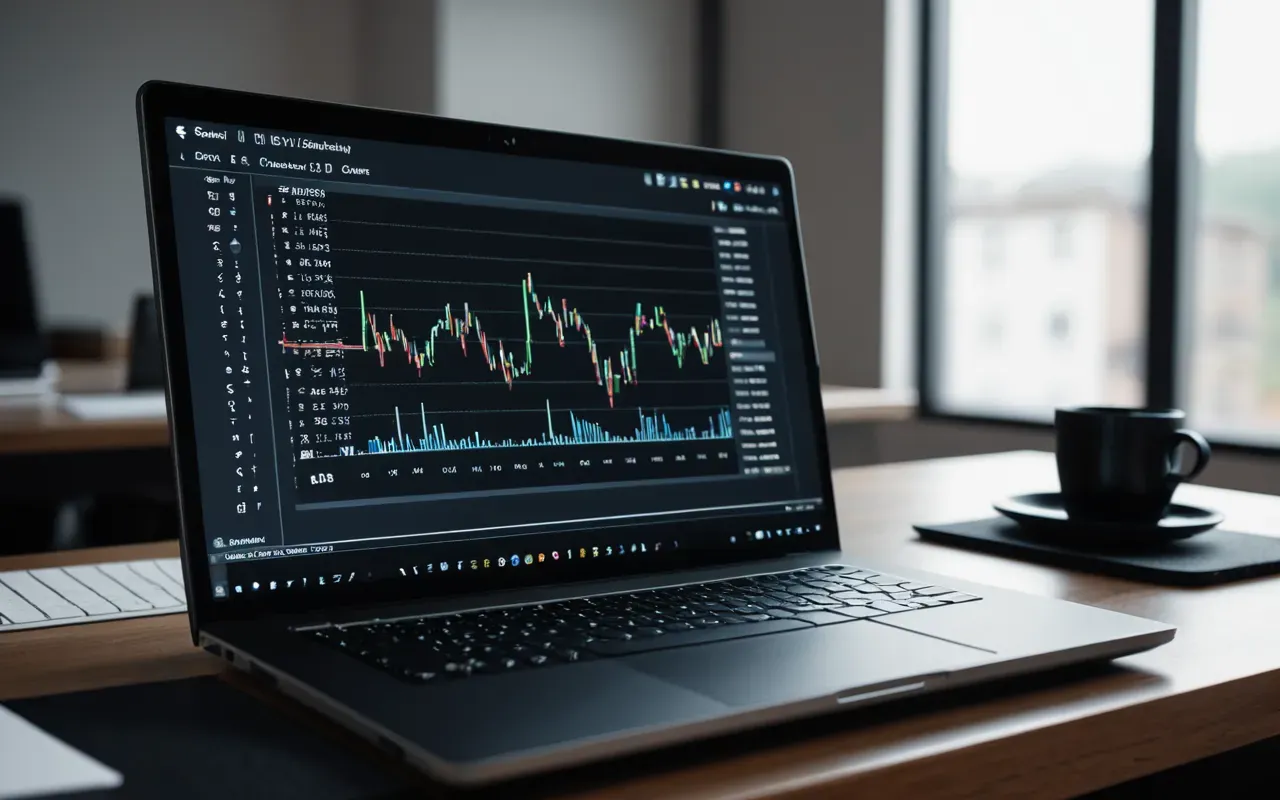 A clean desk setup with a laptop displaying abstract data nodes and connections on the screen, symbolizing the structured organization of digital information for search engines.