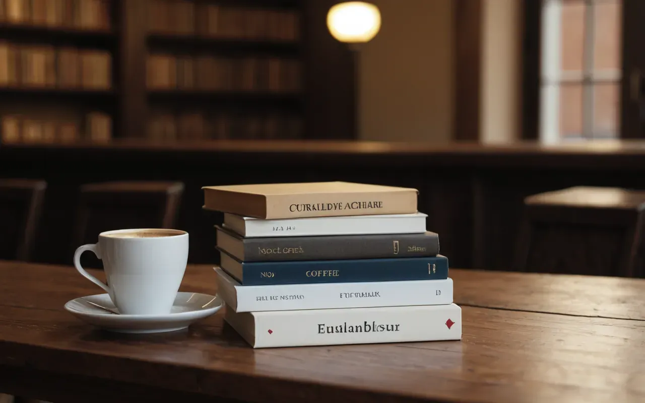A clean editorial still life of a stack of books and a coffee cup on a wooden table with soft diffused lighting