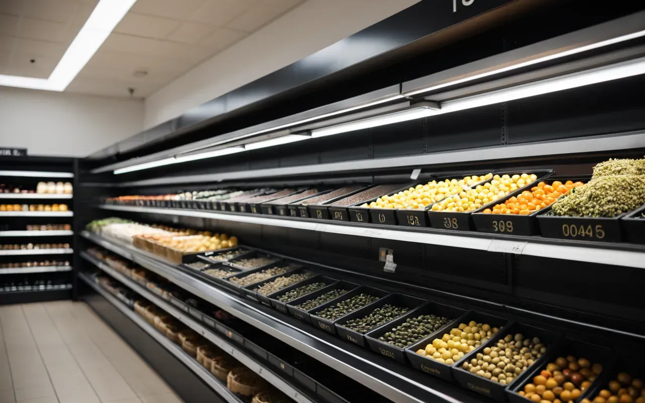 product catalog organization A clean modern retail display with organized shelves and neutral lighting showing a structured product arrangement without any visible labels or text.