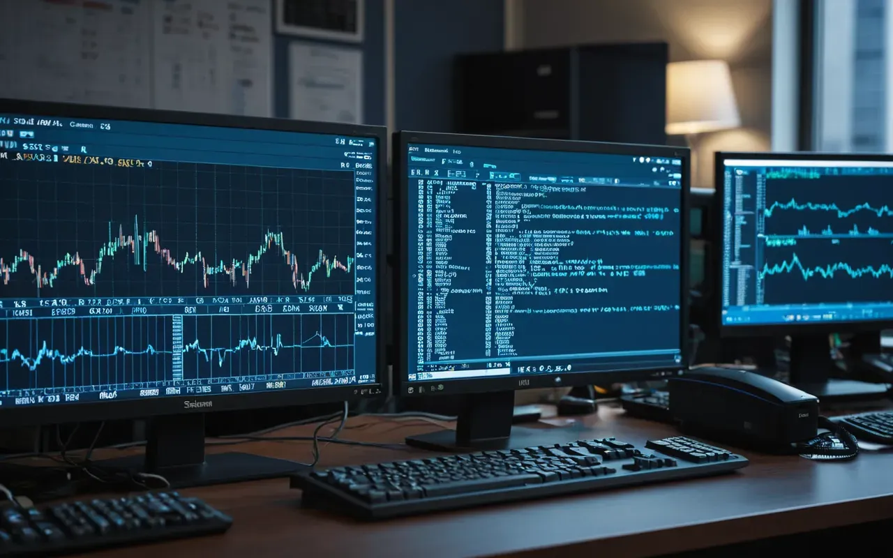 A close-up of a cluttered desk with multiple computer screens showing complex code and data graphs in the background. The lighting is dim and cool blue, highlighting the frustration of dealing with technical website issues during late evening hours.