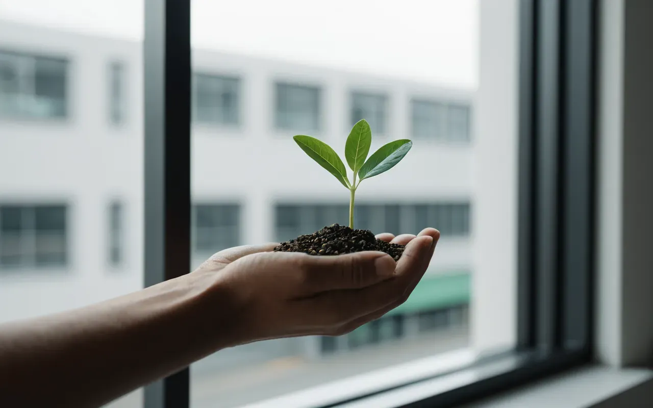 A close-up of a hand holding a small green seedling in front of a blurred modern office window with soft natural daylight and neutral tones