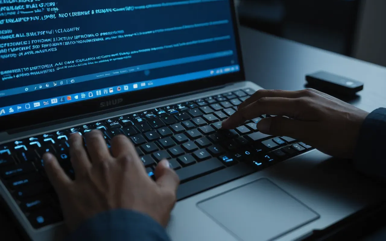 A close up of a laptop keyboard with fingers typing rapidly on keys in a dimly lit modern workspace with soft blue ambient lighting.