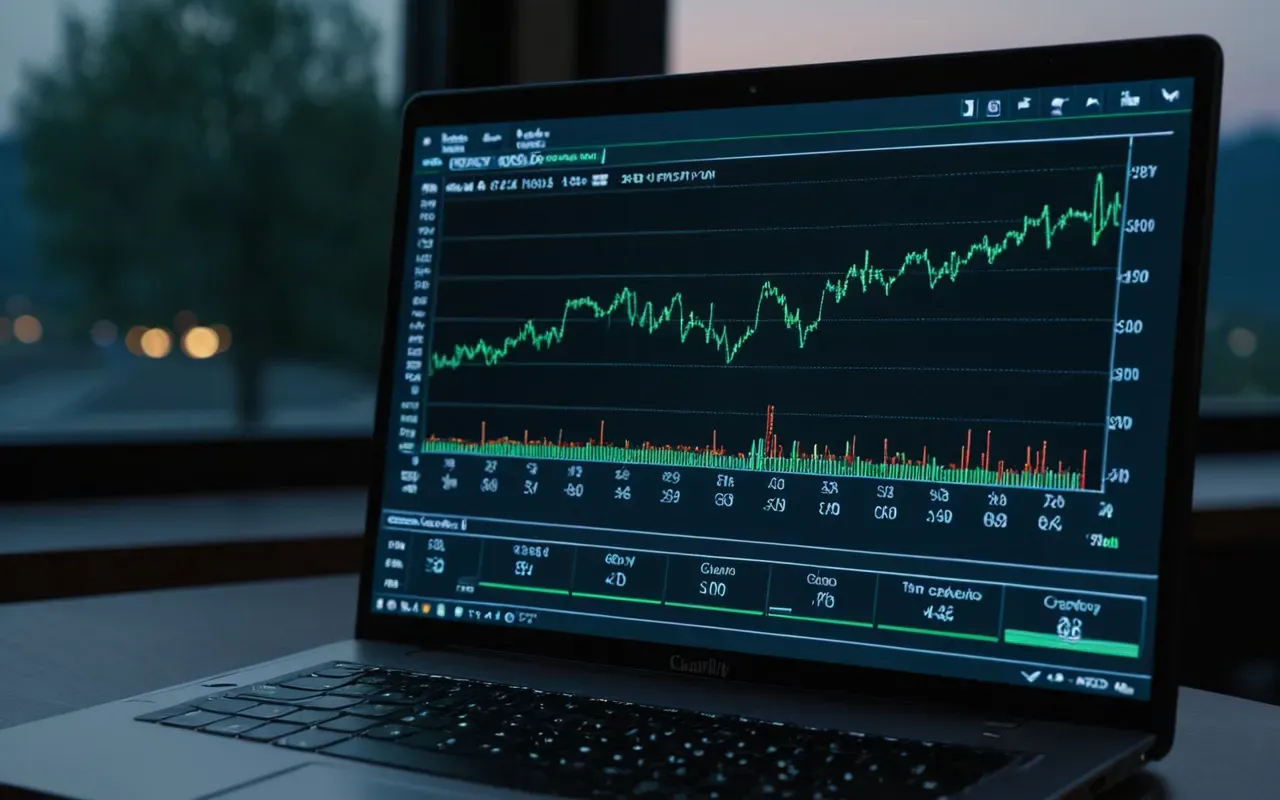 SEO content optimization A close up of a laptop screen displaying complex line graphs in blue and green against a dark background with soft ambient lighting from an office window at dusk.