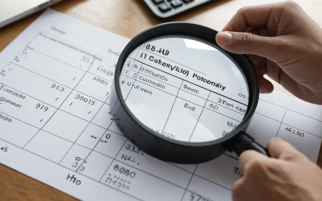 data analysis for SEO A close up of hands holding a magnifying glass over a printed chart showing overlapping data points and search query patterns on a bright desk.