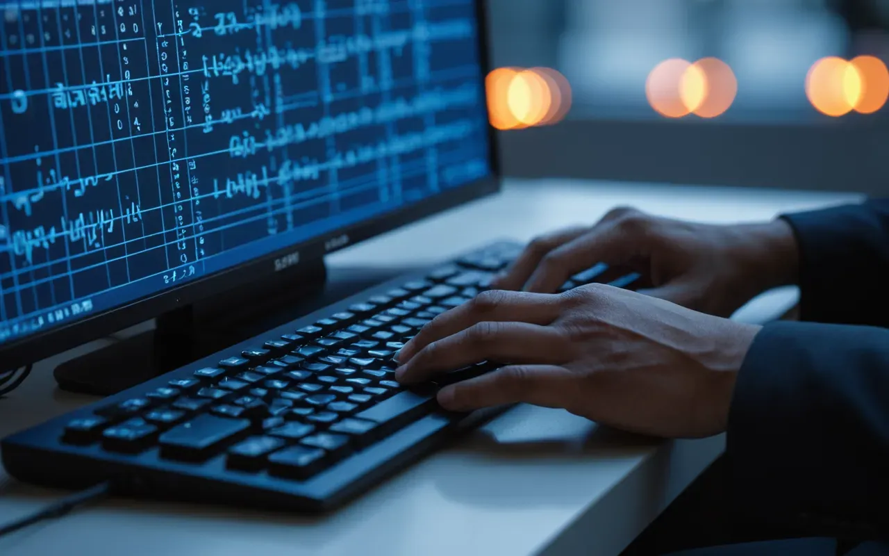 digital networking tactics A close-up of hands typing on a keyboard with soft blue ambient lighting in the background and blurred geometric shapes suggesting a digital network connection without any text or screens visible.