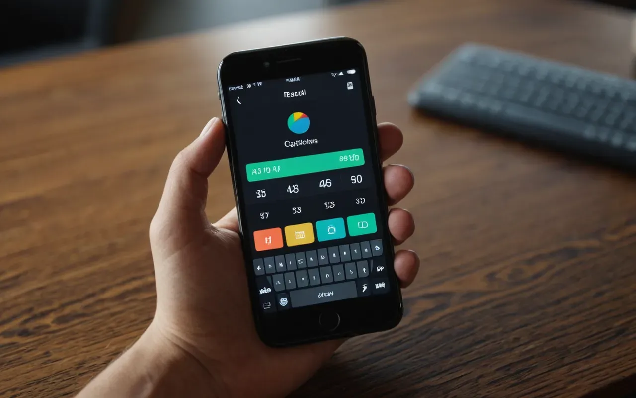 A close-up view of a hand holding a smartphone displaying a generic interface with colorful abstract shapes and soft shadows on a wooden desk surface.