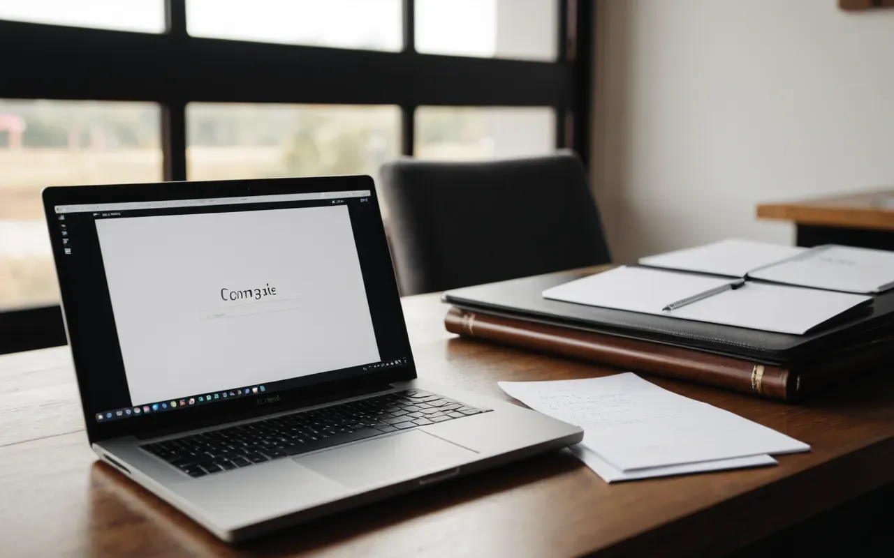 A close up view of a modern desk with an open laptop displaying a blank white screen and a physical notebook filled with handwritten notes next to it under bright natural light from a nearby window.