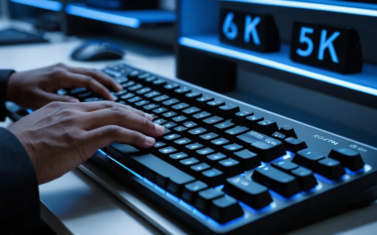 A close up view of hands typing on a mechanical keyboard with soft blue lighting illuminating the keys and a blurred background of office shelves.
