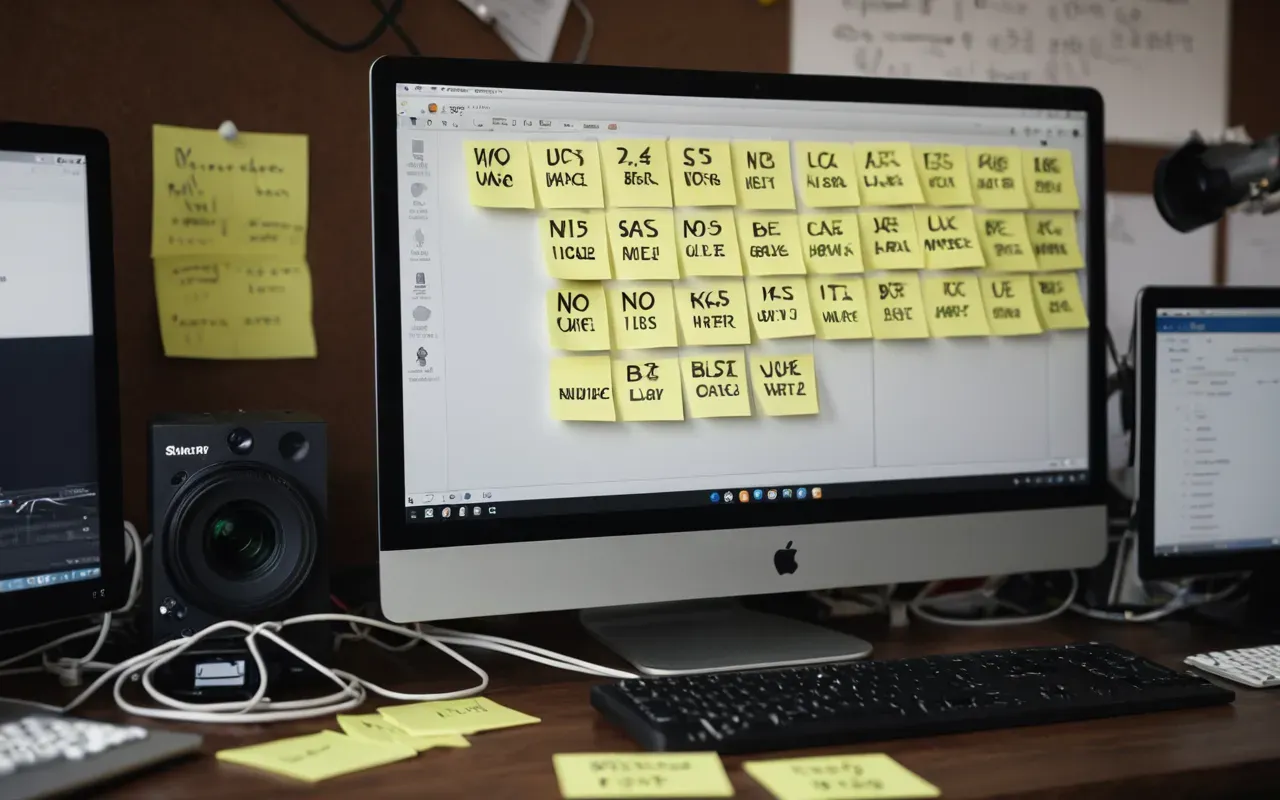 website structure complexity A cluttered digital workspace with overlapping sticky notes and tangled cables representing fragmented website information architecture on a modern desk.