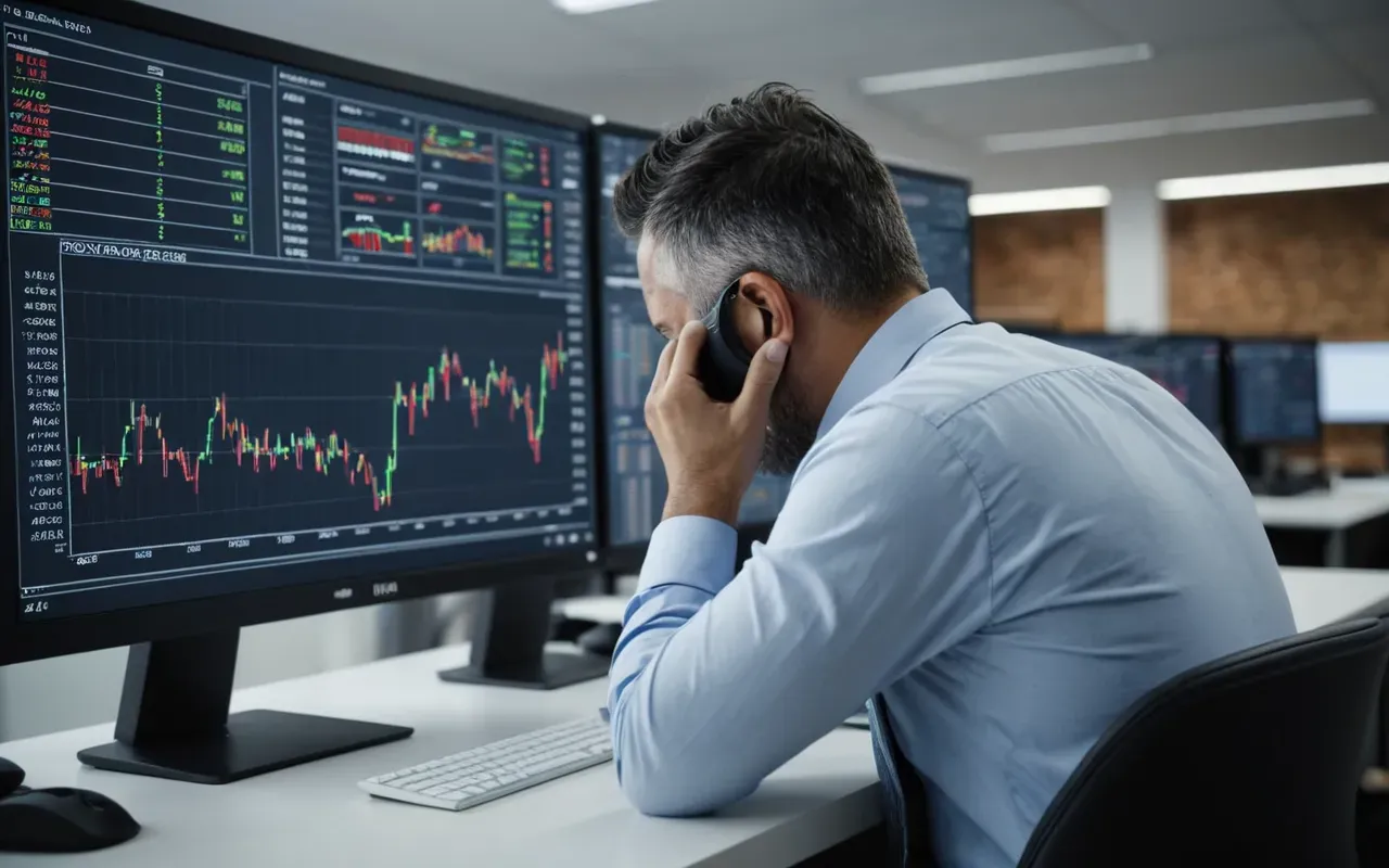 A frustrated business owner in a modern office staring at multiple computer monitors displaying complex data charts and graphs with no visible text or numbers on the screens.