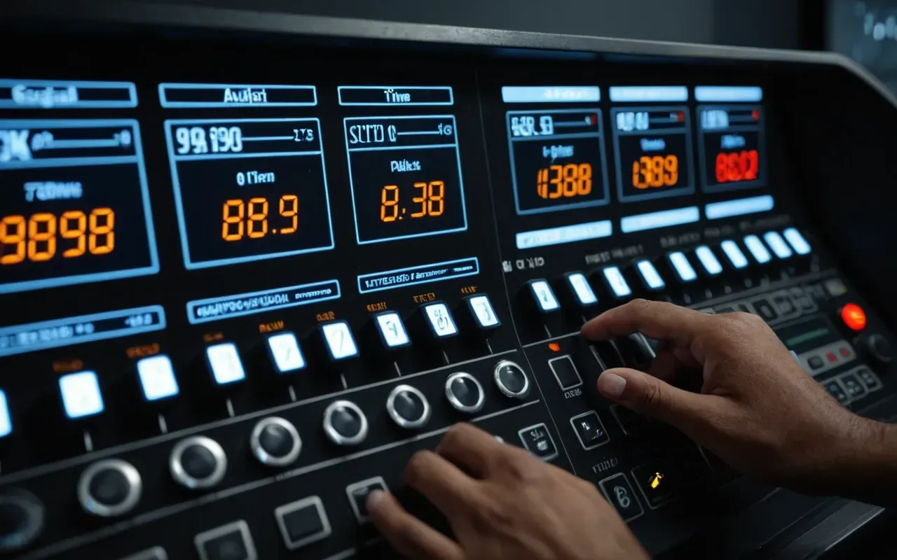 SEO performance monitoring dashboard A hand adjusting a dial on a complex control panel with glowing indicators showing real time performance metrics in a dark room.