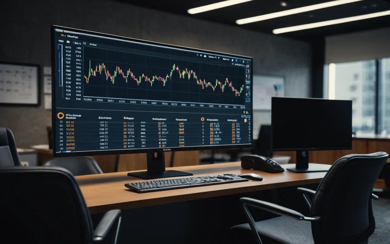 A modern analytics dashboard displayed on a large monitor in a dimly lit office with soft ambient lighting and ergonomic chairs