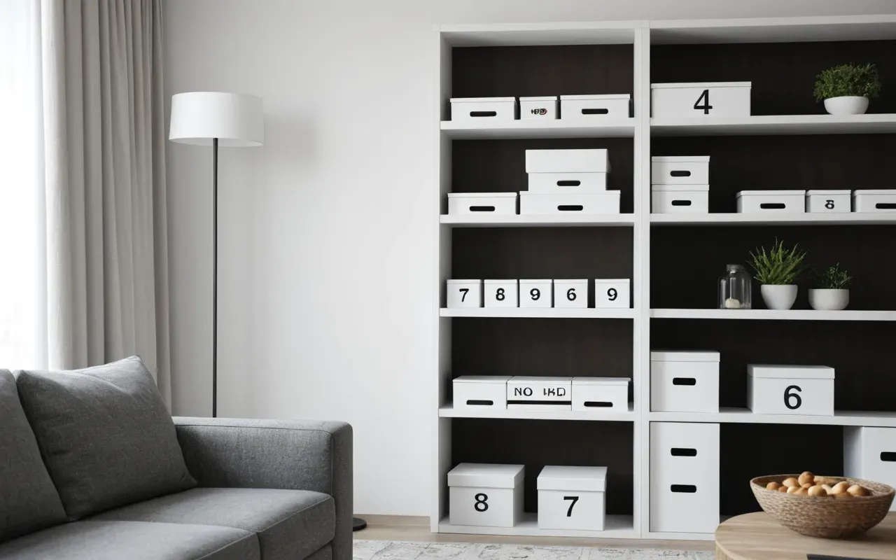 A modern bookshelf filled with neatly organized white boxes and minimal decor in a bright contemporary living room