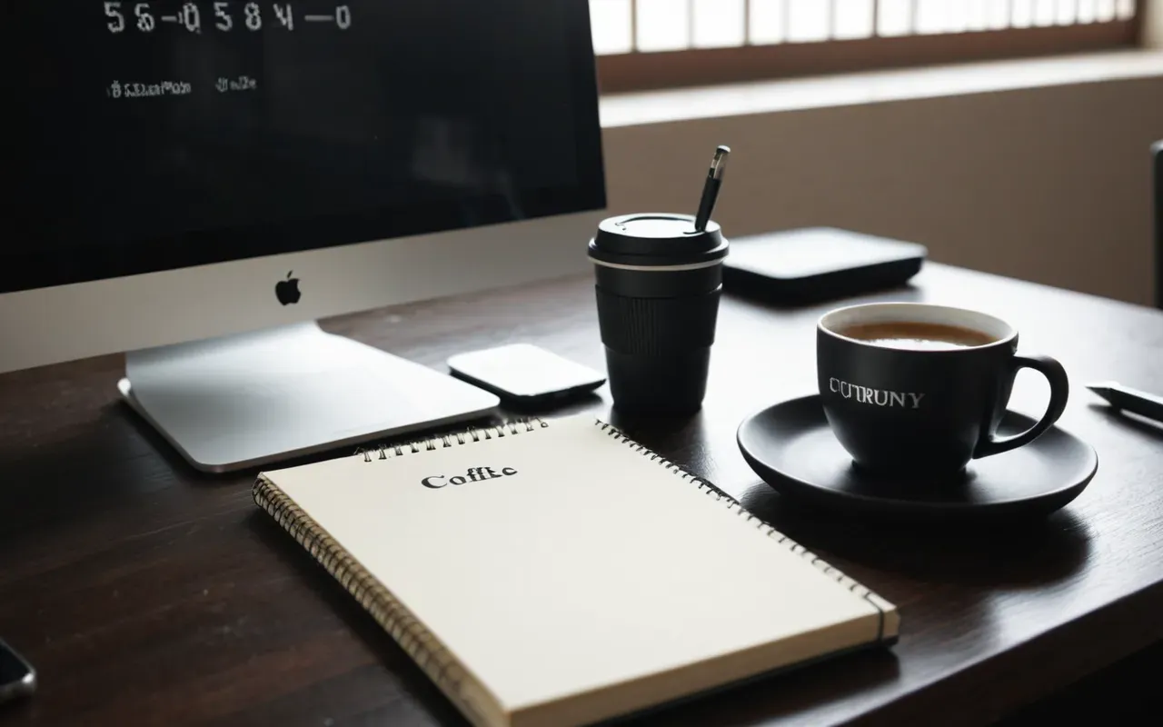 A modern minimalist desk setup with a notebook and pen next to a ceramic coffee cup in soft morning light