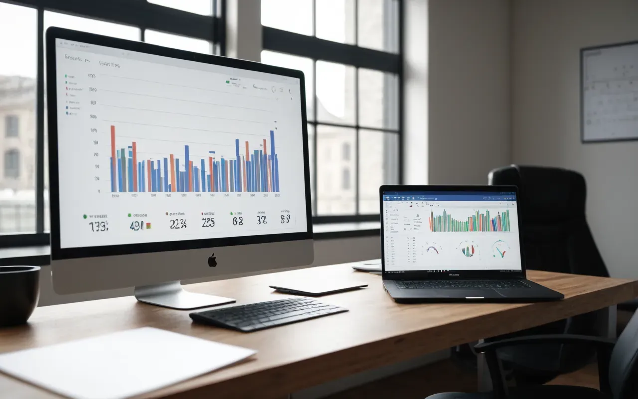 A modern minimalist office desk with a laptop displaying abstract data charts and a notebook nearby, soft natural light from a large window