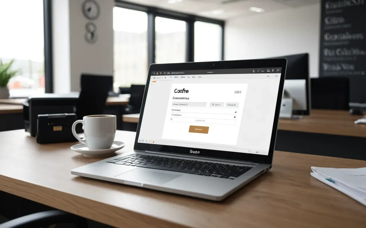 A modern office desk with a laptop open to a business profile dashboard and a coffee cup nearby in soft daylight