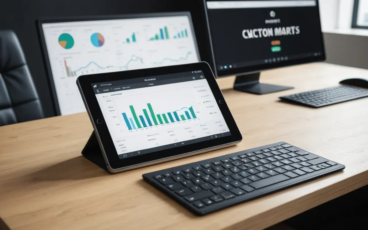 A modern office desk with a tablet displaying abstract upward trending graphs and checklists, symbolizing the systematic approach to managing digital marketing performance metrics.