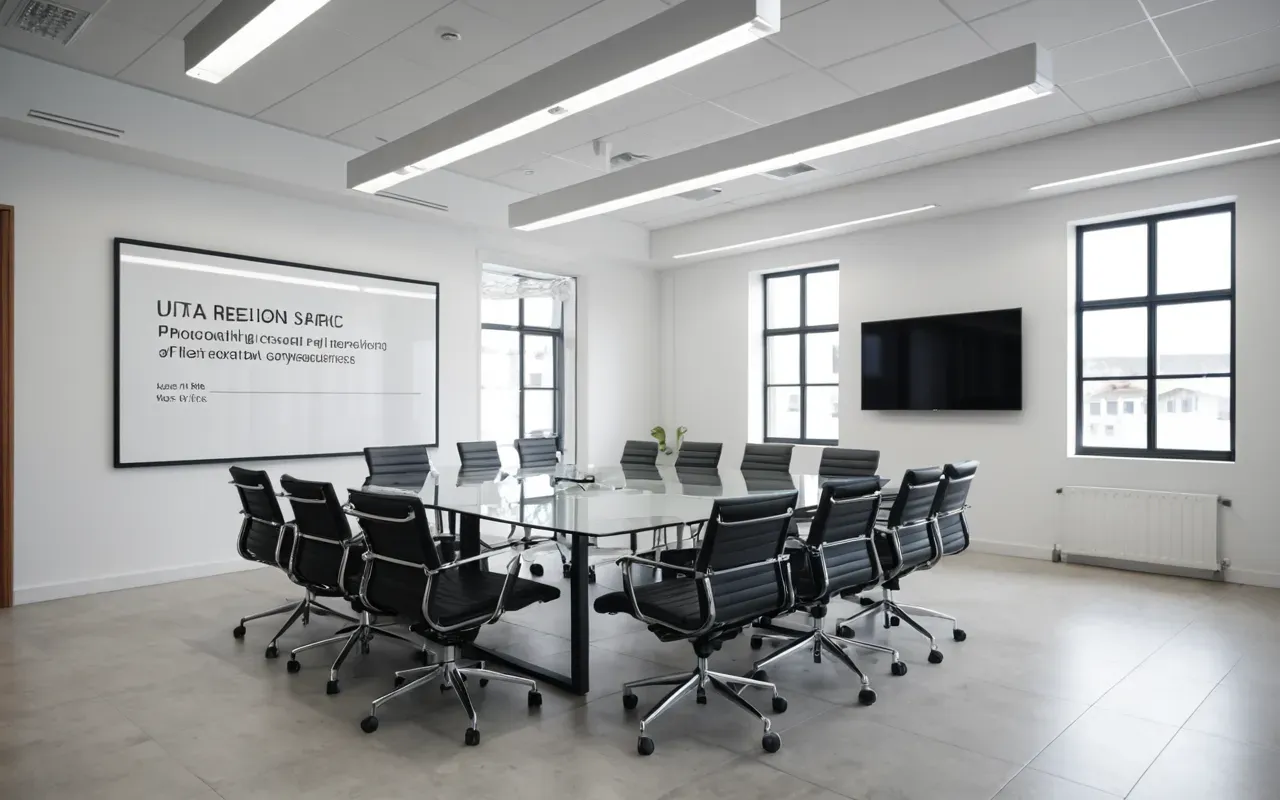 A modern office meeting room with a glass table and chairs under bright ceiling lights in a clean white space