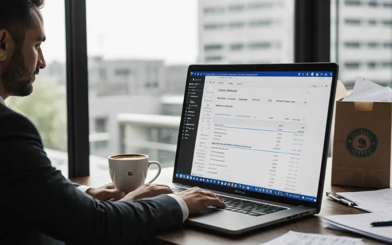 A modern office scene with a professional reviewing data on a laptop screen next to a stack of printed documents and a coffee cup in natural window light.