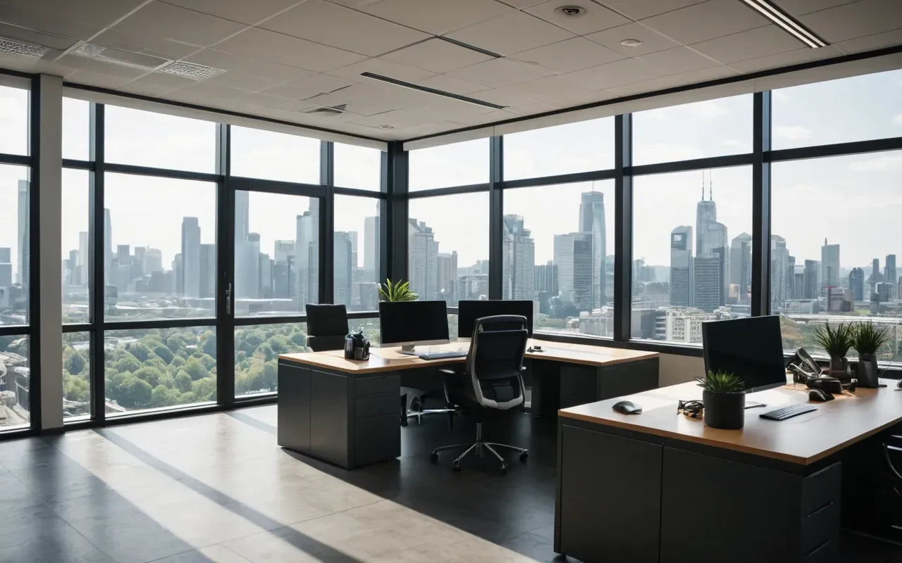 small business SEO strategy A modern office space with glass walls and bright natural light from large windows showing a city skyline outside while a person works at a standing desk.