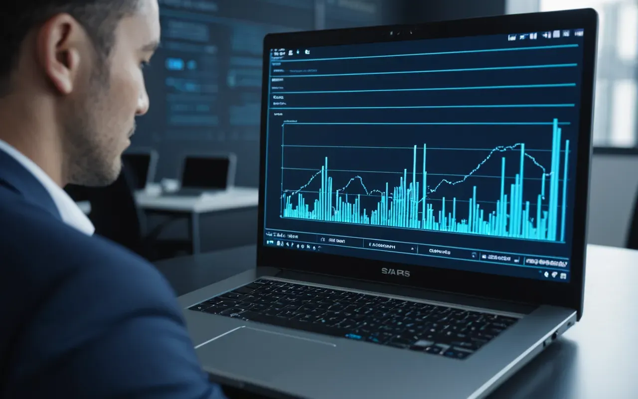 digital presence strategy A modern office worker looking at a laptop screen with abstract glowing data streams flowing across it in blue and white tones representing digital information flow without any visible text or logos.