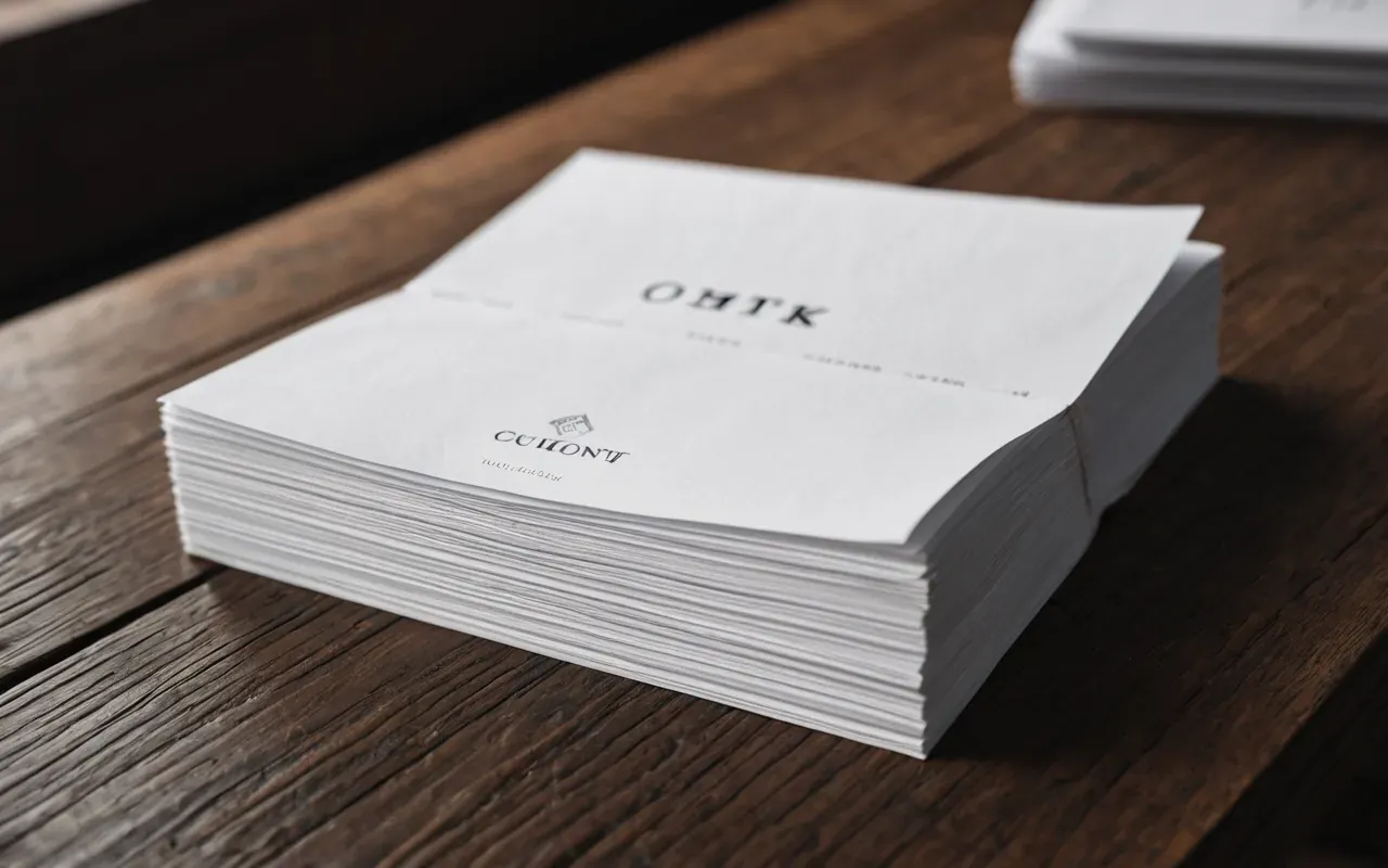 A neat stack of white paper documents on a clean wooden table with soft shadows and neutral lighting