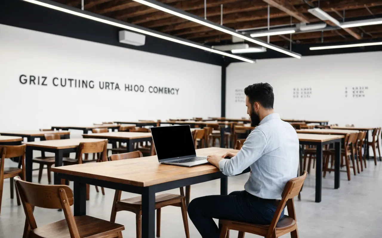 A person typing on a laptop in a modern co-working space with white walls and wooden chairs under bright overhead lighting