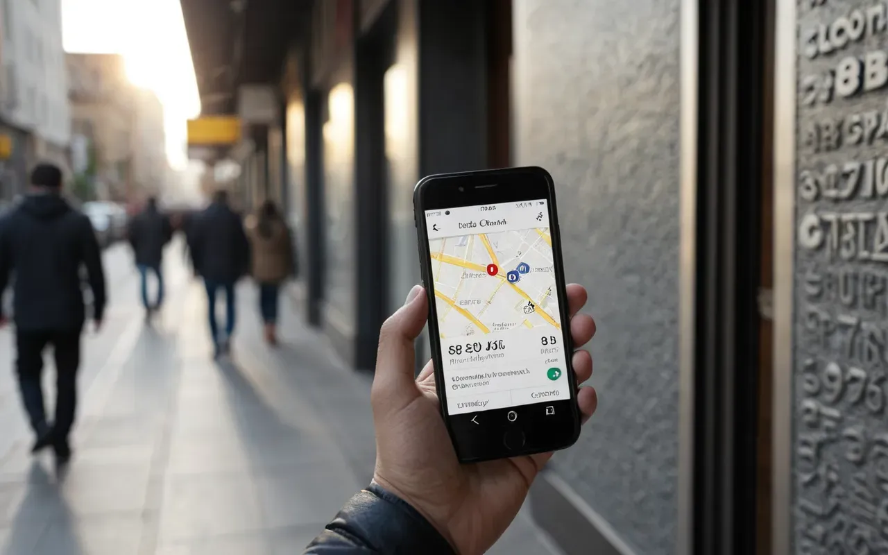 A person walking down a modern city sidewalk holding a smartphone with their other hand checking directions in bright sunlight