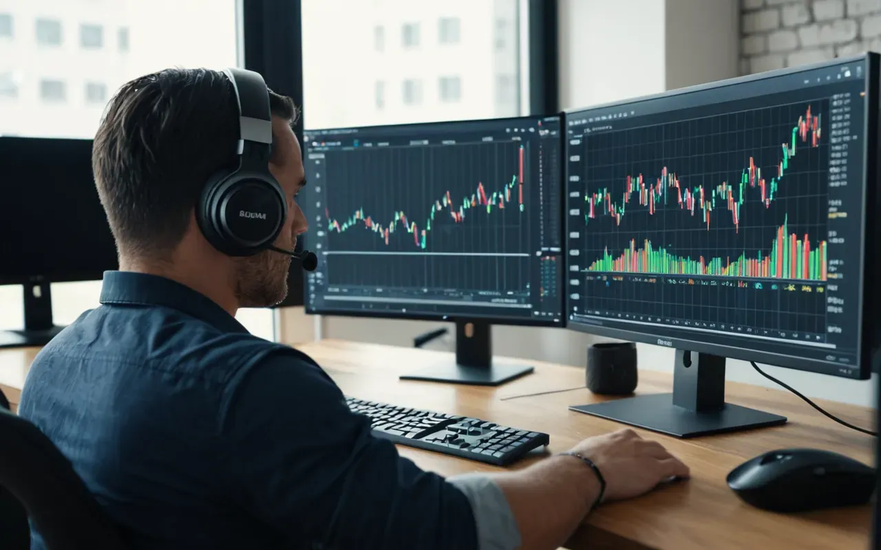A person wearing a headset sitting at a desk with two monitors displaying colorful data visualizations and charts in a bright modern workspace.