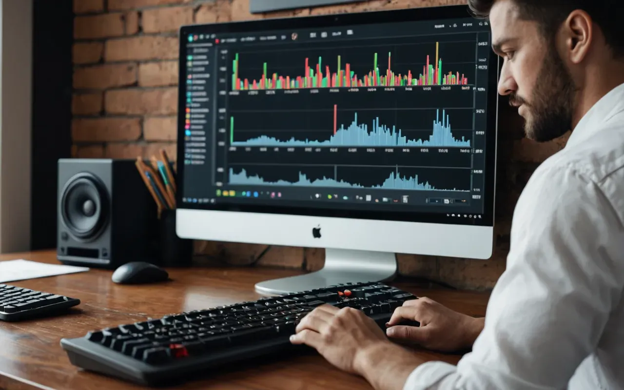 SERP performance metrics A person wearing a white shirt sitting at a wooden desk with hands typing on a mechanical keyboard while looking closely at a monitor showing colorful data charts.