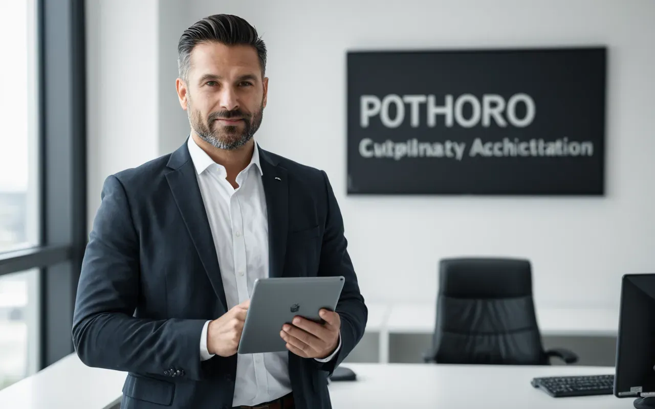 A professional business person standing in a bright modern office looking confident while holding a tablet with hands resting on a clean desk.