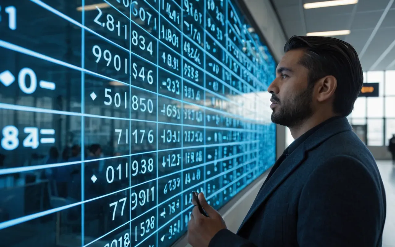 A professional standing in front of a large glass wall covered with abstract geometric shapes and lines representing data connections bathed in cool blue ambient lighting.