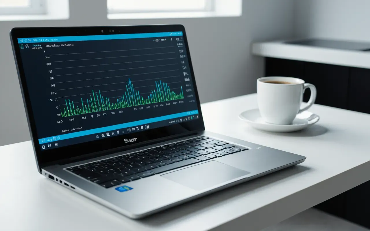 A sleek modern laptop on a clean white desk showing an abstract graphical interface with rising bars and flowing lines in shades of blue and green next to a cup of black coffee.