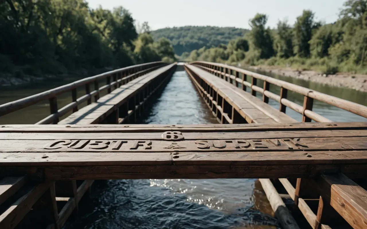 A sturdy wooden bridge spanning a wide digital river with smooth flowing data streams underneath, representing the stable connection between robust website architecture and consistent online traffic.