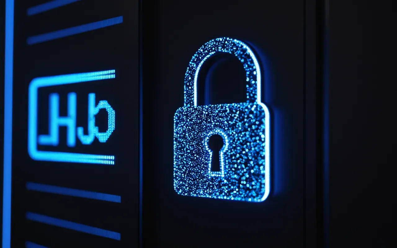 search engine crawlers Abstract close-up of a modern digital lock icon made from glowing blue light particles on a dark background in a clean tech workspace