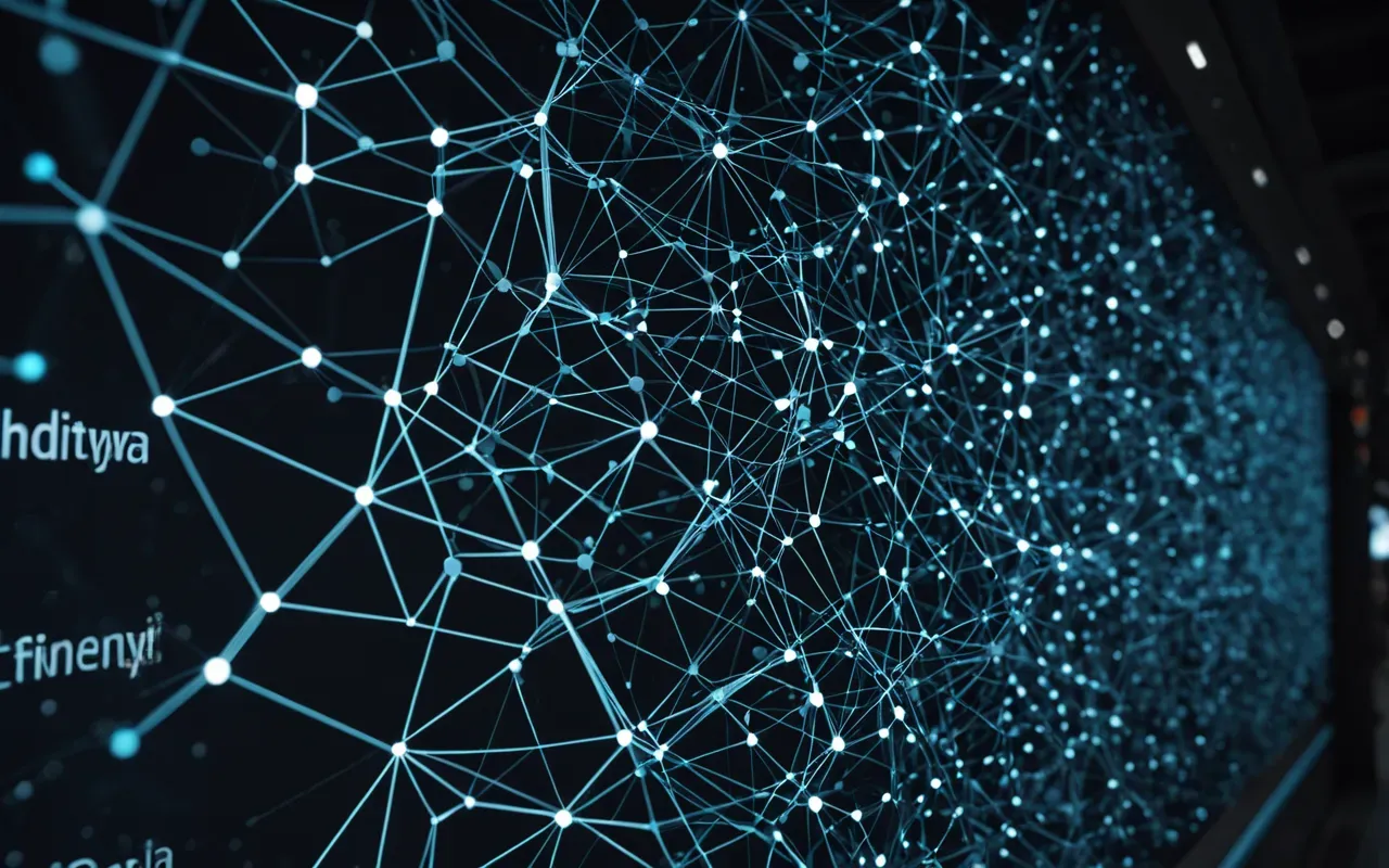 Abstract digital visualization of a network connecting various nodes with light blue and white tones on a dark background, representing data flow