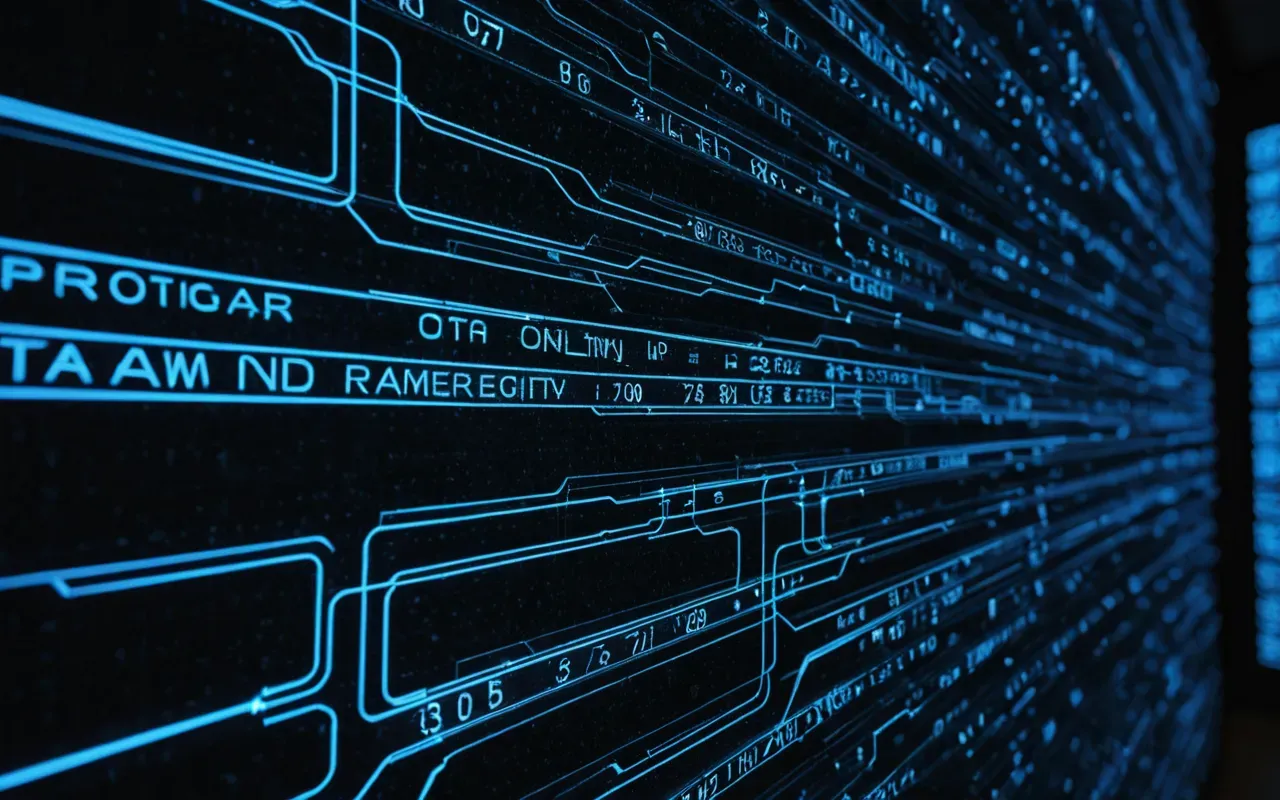 Abstract digital visualization of network connections and data nodes glowing blue on a dark background, representing complex web architecture and connectivity without any text or labels