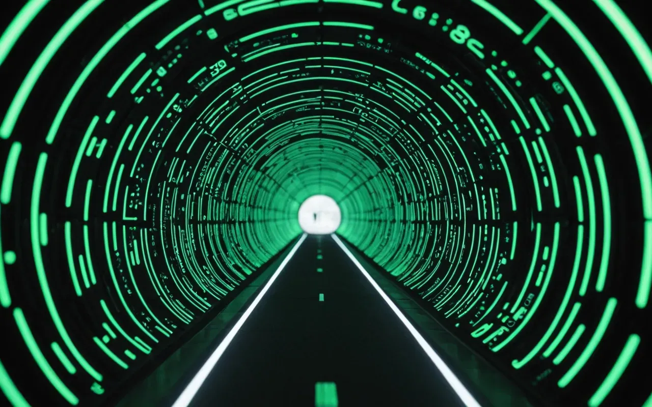 network efficiency concept Abstract visualization of data packets moving through a transparent digital tunnel with glowing green nodes representing efficient network flow and soft ambient light