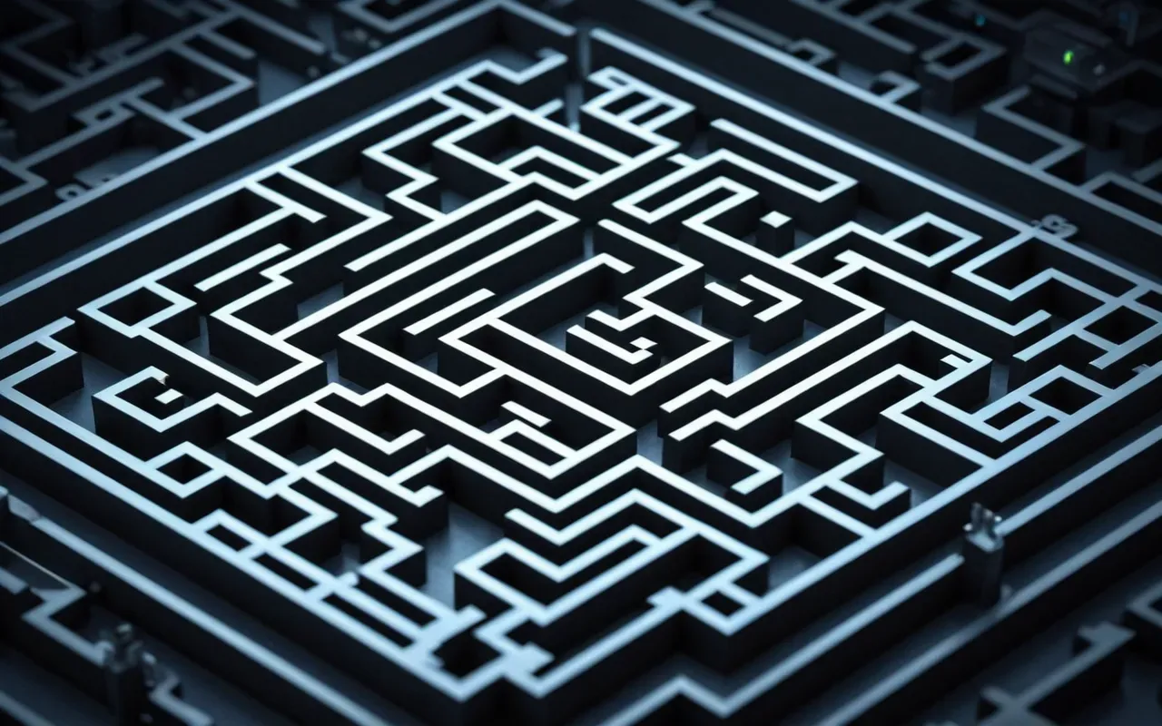 An isometric illustration of a complex maze with a single glowing path leading through it, representing the strategic routing required for effective website architecture and user flow.