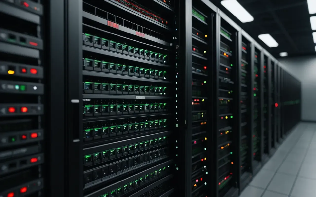 Close-up of a complex server rack with blinking indicator lights in a dimly lit data center room, showing the invisible infrastructure behind modern websites and digital connectivity.