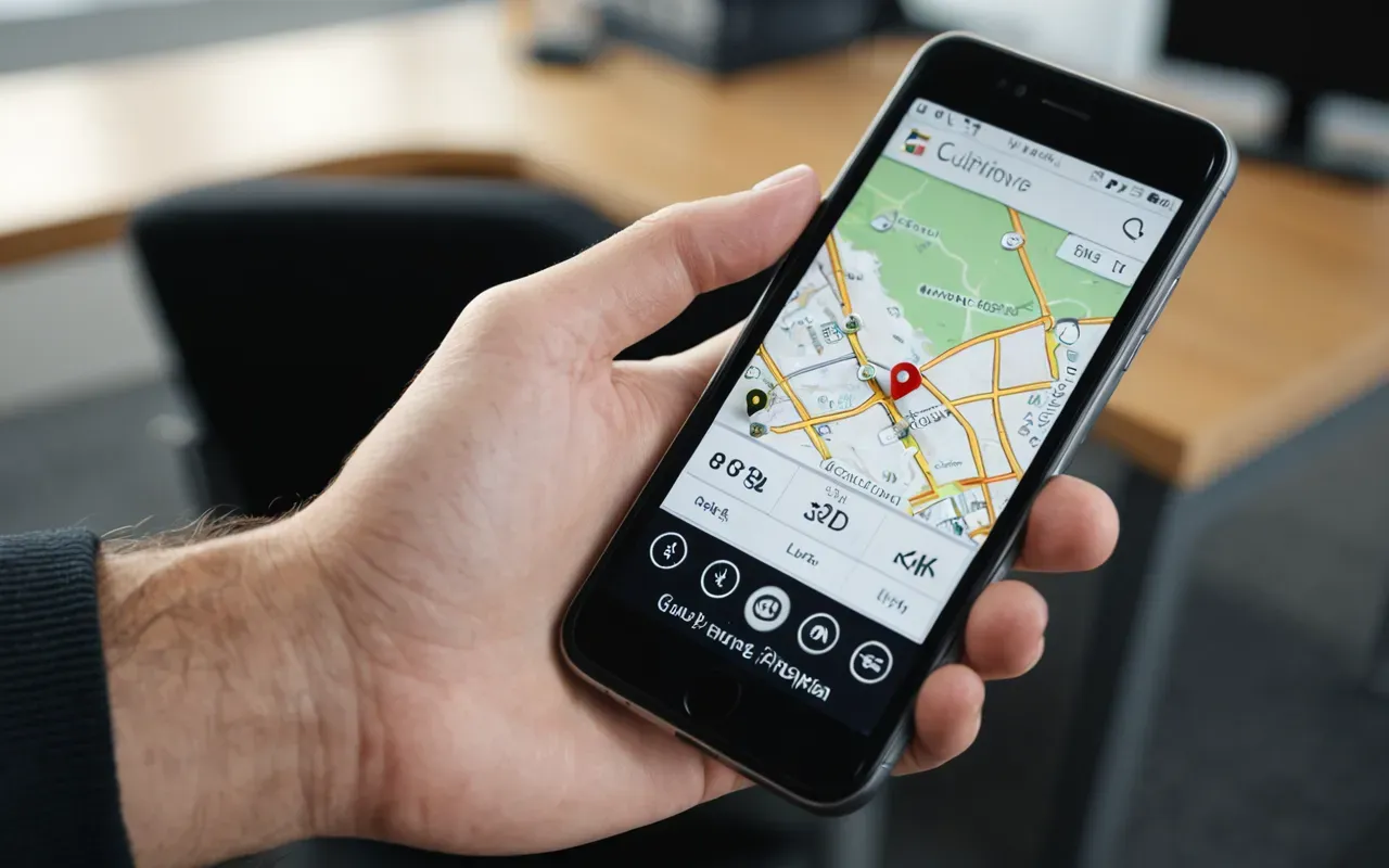 Close-up of a hand holding a modern smartphone displaying a generic map interface with location pins, soft natural lighting in an office setting