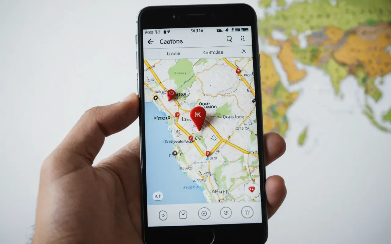 Close-up of a hand holding a modern smartphone displaying a generic map interface with location pins, clean white background, shallow depth of field highlighting the device screen glow