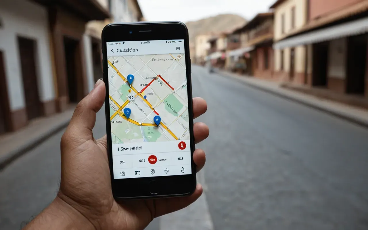 Close-up of a hand holding a smartphone displaying a map interface with location pins visible on screen in natural light