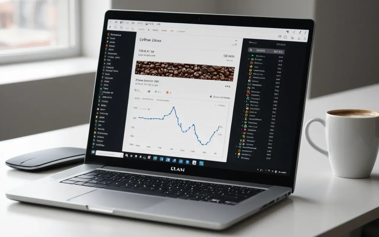 Close-up of a modern laptop screen displaying abstract data visualizations on a clean white desk with a coffee cup nearby and soft natural lighting