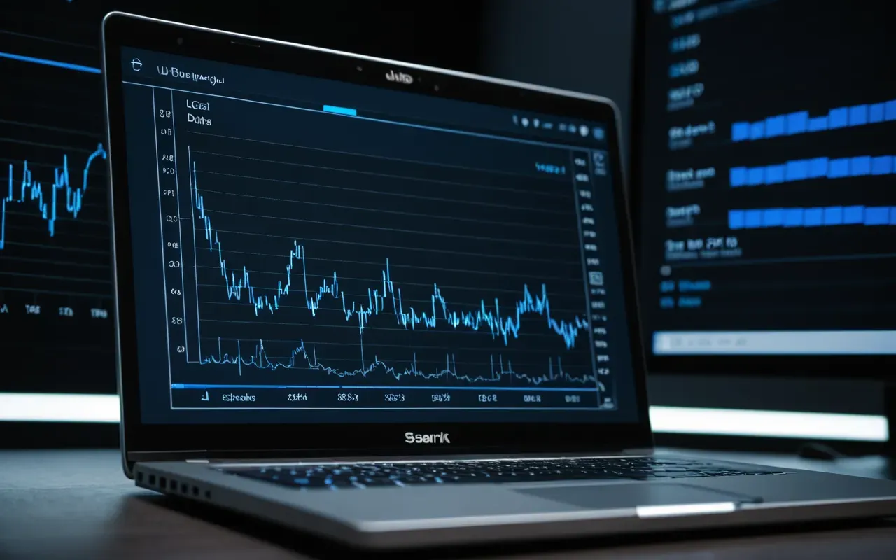 search engine crawlers Close-up of a modern laptop screen displaying abstract data visualization graphs with glowing blue lines on a dark background in a clean contemporary office setting