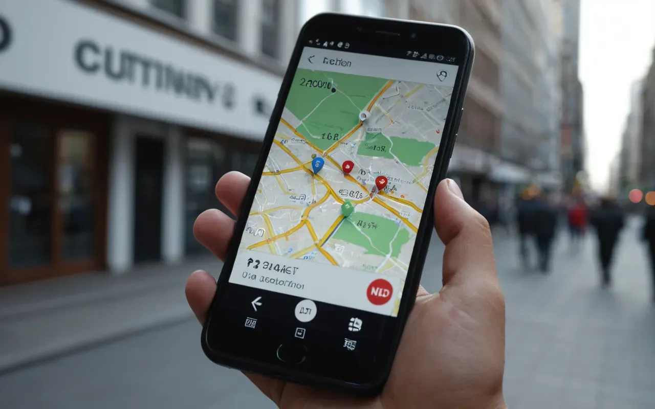 mobile search optimization Close-up of a modern smartphone displaying a map interface with location pins in a clean urban setting, soft natural light reflecting off the glass screen, shallow depth of field focusing on the device
