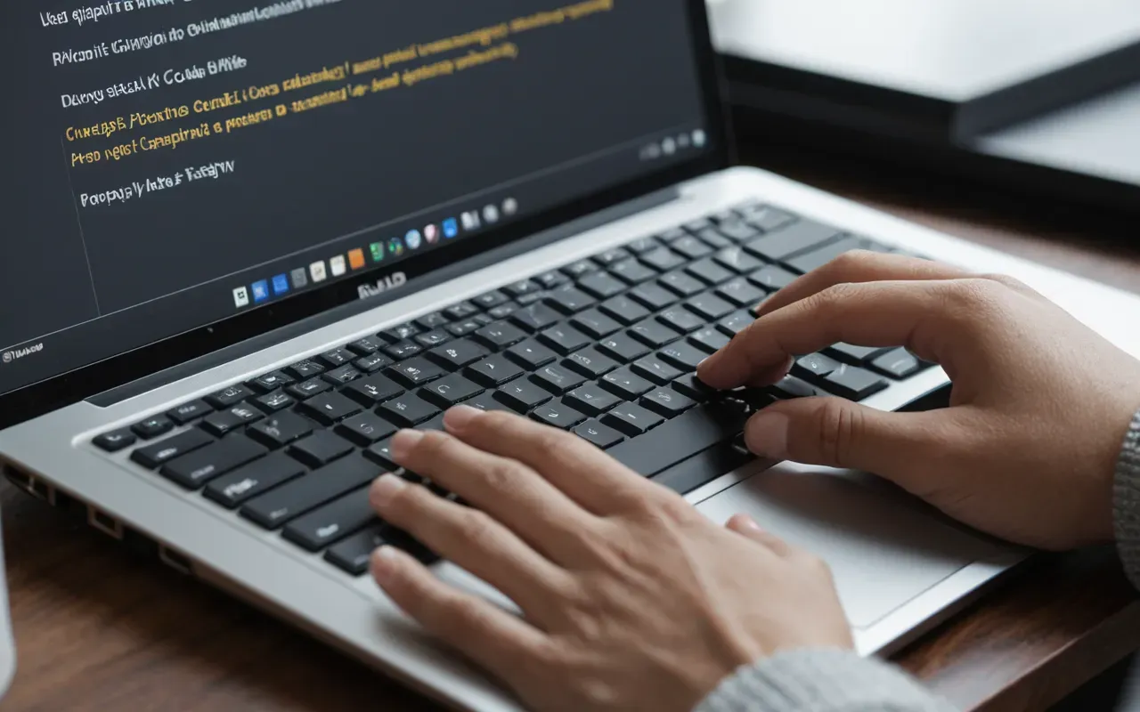 Close-up of hands typing on a laptop keyboard in a bright modern workspace, shallow depth of field focusing on fingers and keys, neutral color palette with soft shadows
