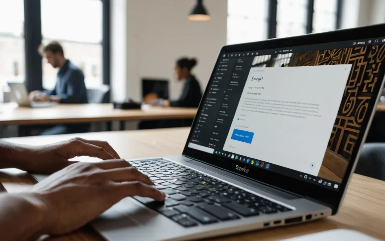 Close up of hands typing on a laptop keyboard in a modern coworking space with blurred background showing other people working at desks, natural window light, professional business setting