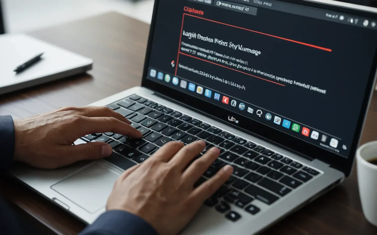 Close-up of hands typing on a laptop keyboard in a modern office setting with blurred background and soft ambient lighting emphasizing focus and productivity