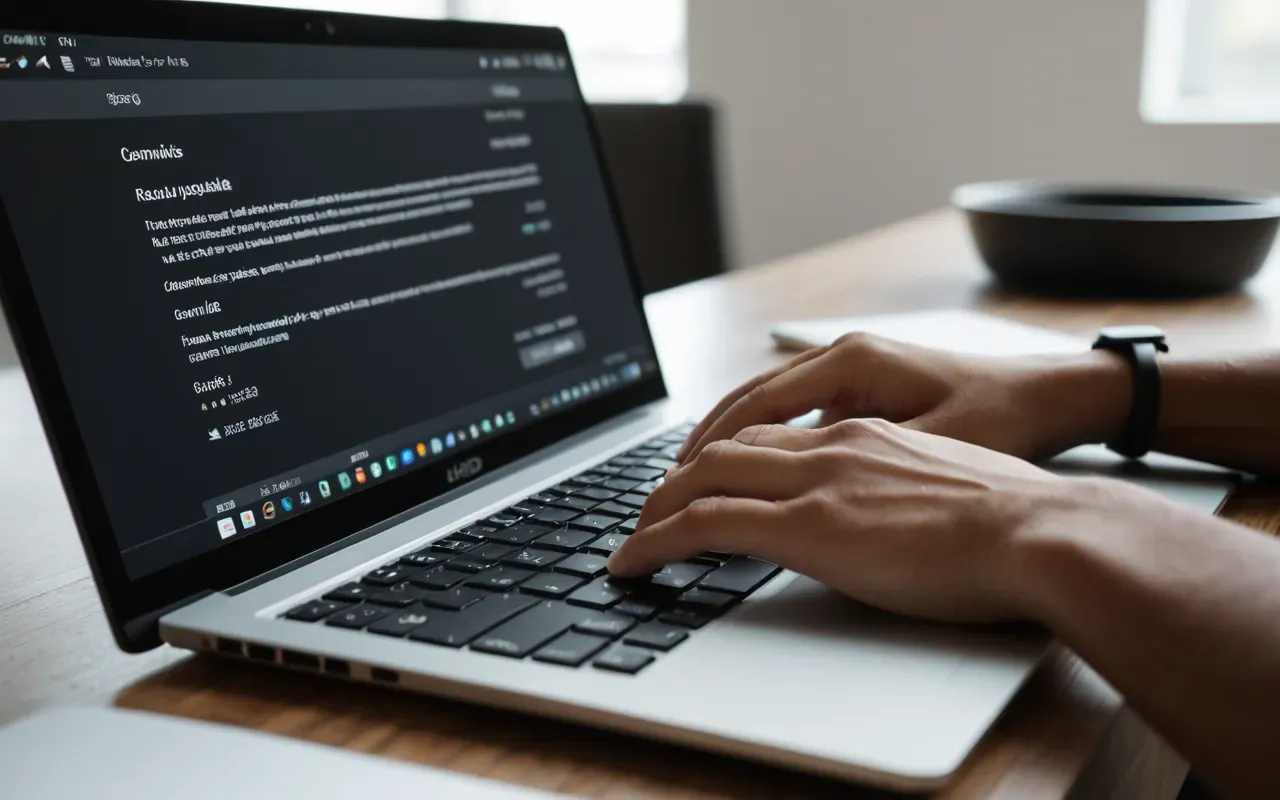 Close-up of hands typing on a modern laptop keyboard in a bright contemporary workspace, shallow depth of field, soft diffused lighting, neutral color palette